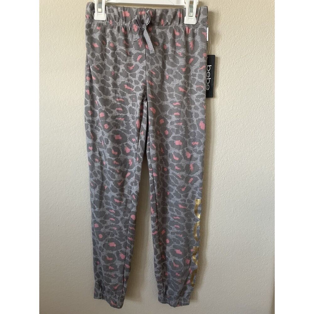 Bebe Girls Gray Pink Animal Print Gold Foil Logo Joggers Pants Size M 10/12